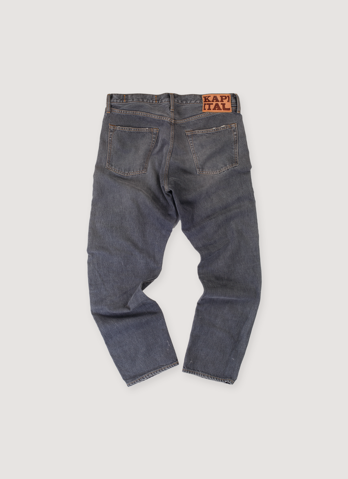 Kapital Monkey Cisco Distressed Pants Grey (Pre-Owned) Denim Jeans with 3 Year Fade wash, repair stitched knees, straight cut, 5 pockets, back view