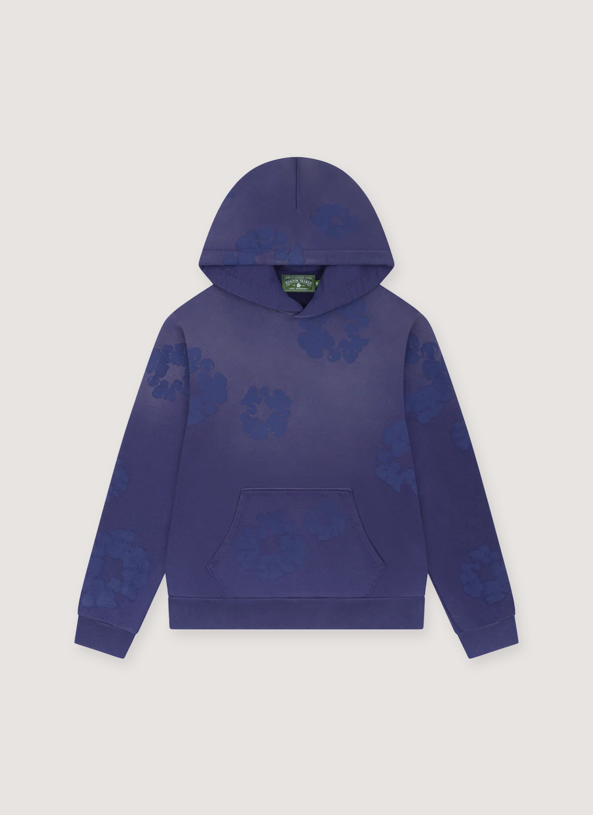 Denim Tears Mono Cotton Wreath Sweatshirt Washed Blue Monochrome Hoodie with blue wreath flowers all over, front view