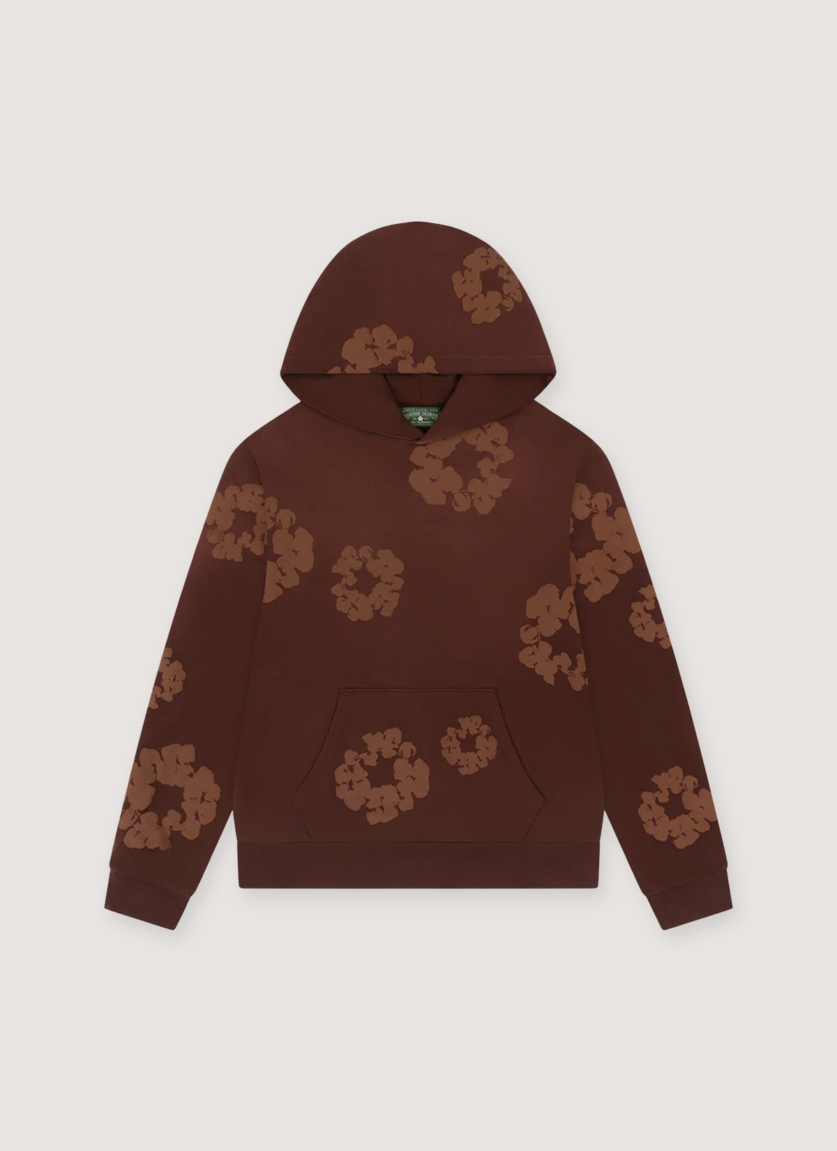 Denim Tears Mono Cotton Wreath Sweatshirt Brown Hoodie with monochrome wreath flower graphics all over, front view