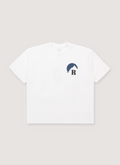 Rhude Moonlight Tee Shirt White with rib knit crewneck, printed logo, dropped shoulder, dart at back collar, front view Rhude Moonlight Tee White - Image 1 | Authenticated at Pieces Los Angeles