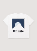 Rhude Moonlight Tee Shirt White with rib knit crewneck, printed logo, dropped shoulder, dart at back collar, back view Rhude Moonlight Tee White - Image 2 | Authenticated at Pieces Los Angeles