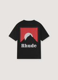 Rhude Moonlight Tee Vintage Black cotton jersey with rib knit crewneck, printed red logos of mountain with sunset, dropped shoulder, dart at back collar, back view Rhude Moonlight Tee Vintage Black - Image 2 | Authenticated at Pieces Los Angeles