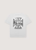 Alice Hollywood Moto Couture Tee Shirt White with printed black logo, ribbed neck, front view Alice Hollywood Moto Couture Tee White - Image 2 | Authenticated at Pieces Los Angeles