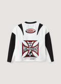 Happy Memories Don't Die HMDD Motoeaux Jersey Long Sleeve White Black motorcross with red and black logo prints, back view HMDD Motoeaux Jersey White - Image 2 | Authenticated at Pieces Los Angeles