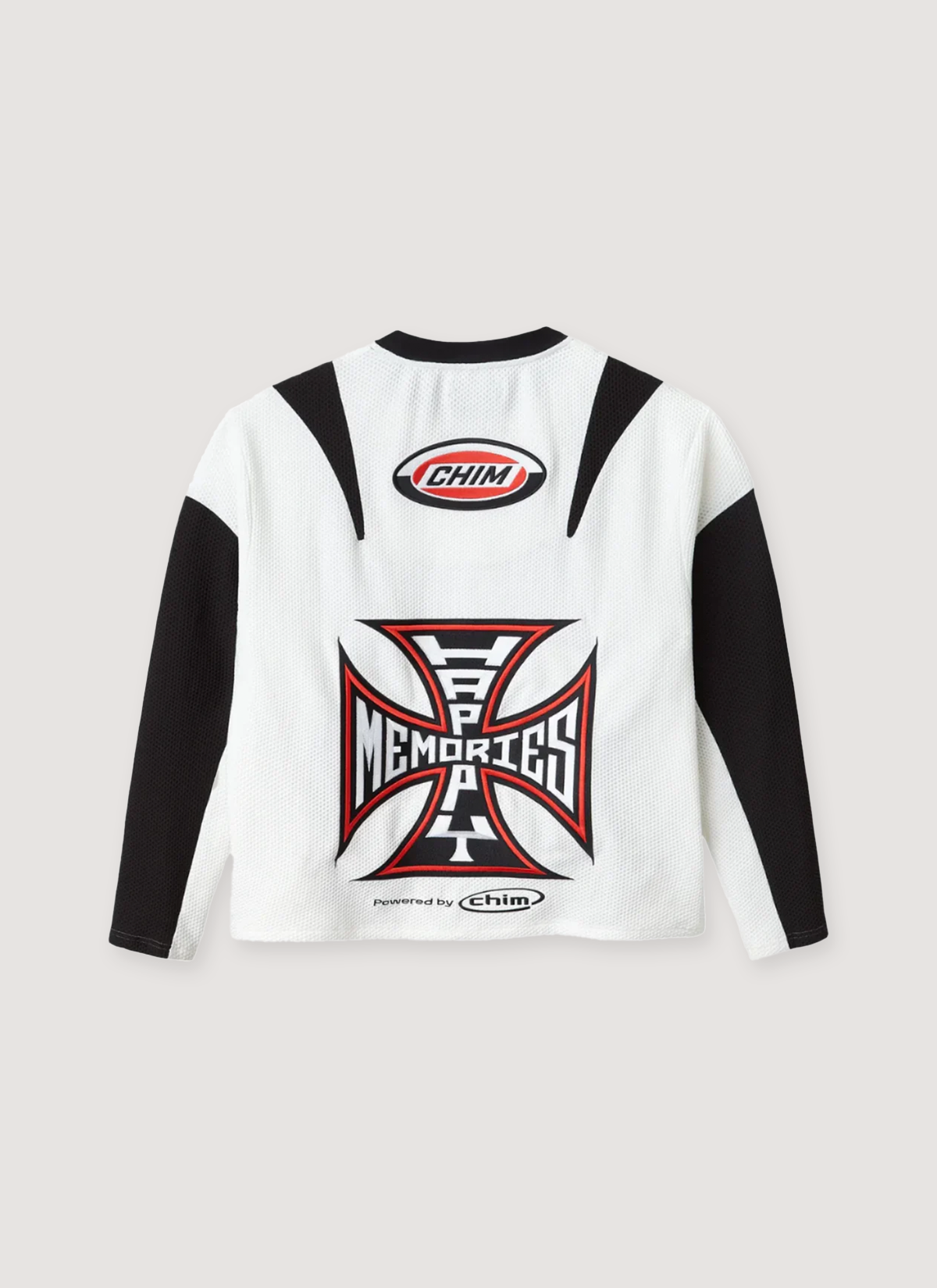 Happy Memories Don't Die HMDD Motoeaux Jersey Long Sleeve White Black motorcross with red and black logo prints, back view HMDD Motoeaux Jersey White - Image 2 | Authenticated at Pieces Los Angeles