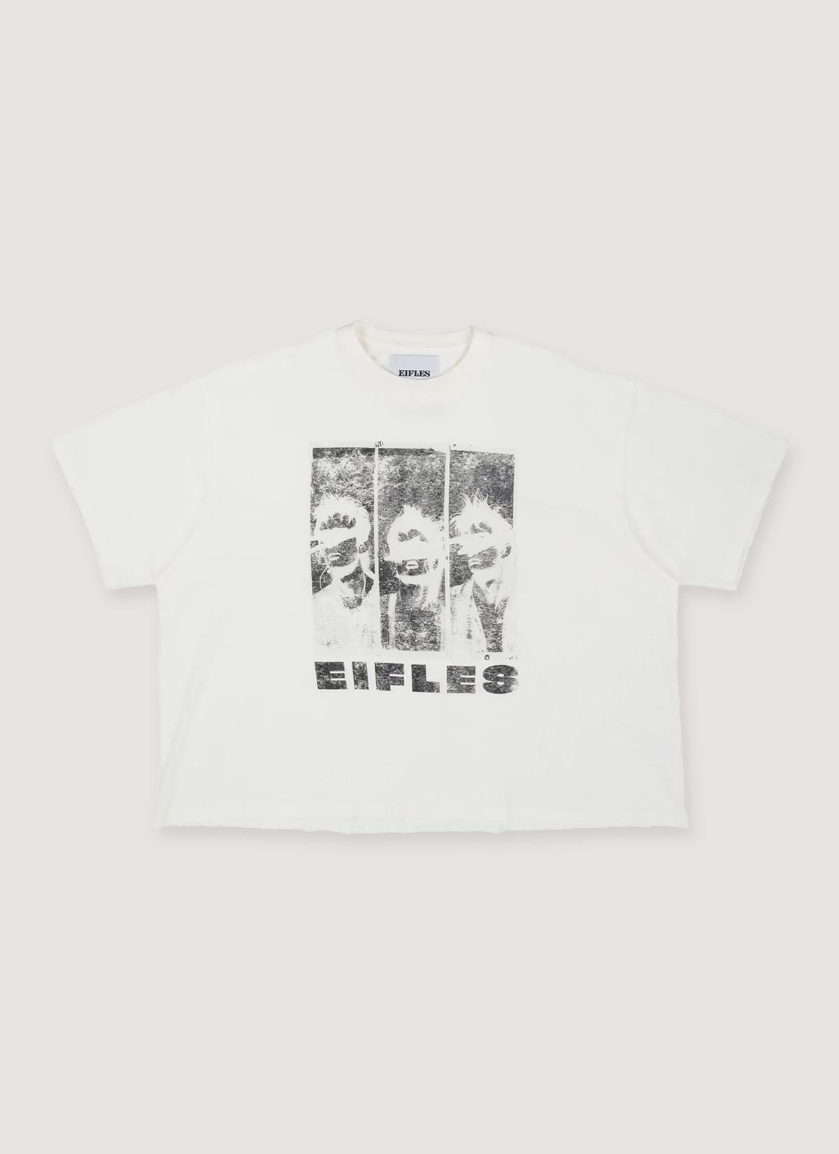 Eifles Mugshot Tee Shirt Vintage White with printed logos, vintage wash, lightly distressed details, boxy cropped fit, 3 pannel graphic of people, front view