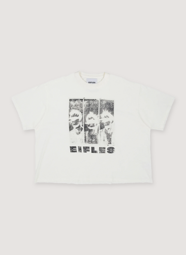 Eifles Mugshot Tee Shirt Vintage White with printed logos, vintage wash, lightly distressed details, boxy cropped fit, 3 pannel graphic of people, front view Mugshot Tee Vintage White - Authenticated T-shirts | Pieces Los Angeles
