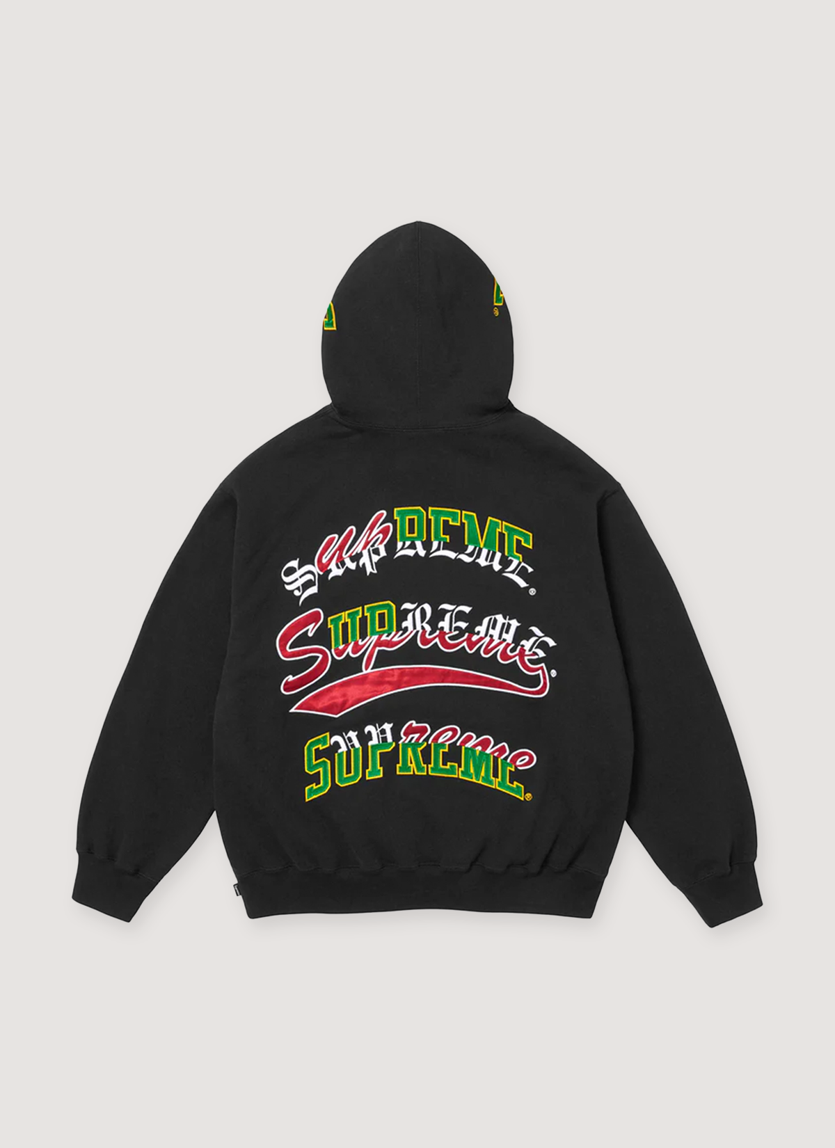 Supreme Multi Logo Hooded Sweatshirt Black Hoodie with brushed-back fleece, embroidered satin and tackle twill logo applique, back view