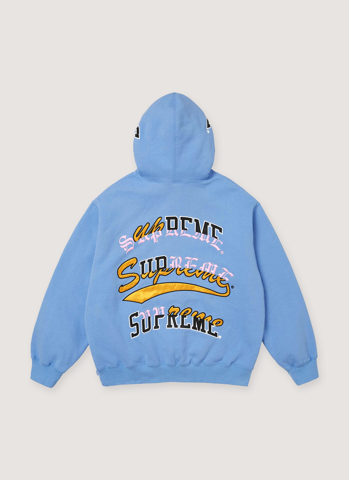 Supreme Multi Logo Hooded Sweatshirt Light Blue Hoodie with brushed-back fleece, embroidered satin and tackle twill logo applique, back view