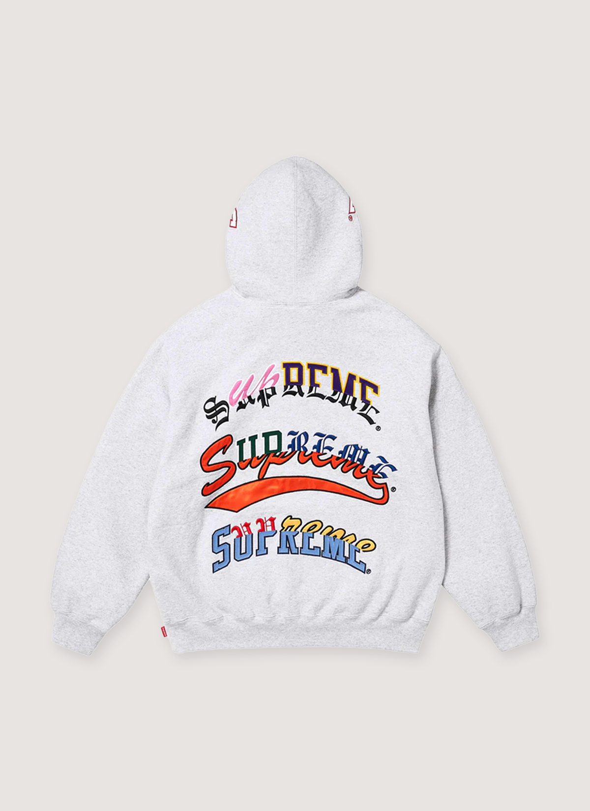 Supreme Multi Logo Hooded Sweatshirt Ash Grey Hoodie with brushed-back fleece, embroidered satin and tackle twill logo applique, back view