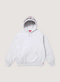 Supreme Multi Logo Hooded Sweatshirt Ash Grey Hoodie with pouch pocket, brushed-back fleece, embroidered satin and tackle twill logo applique on hoodie, front view Supreme Multi Logo Hooded Sweatshirt - Image 2 | Authenticated at Pieces Los Angeles