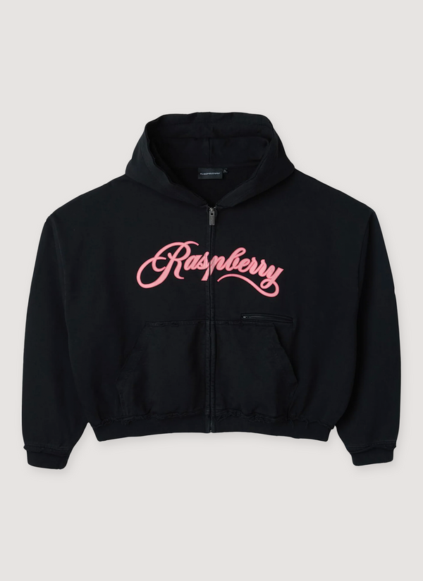GV Gallery My Zip Up Sweatshirt Vintage Black Hoodie with French terry cotton, vintage wash and fade, printed logo, branded silver zipper, boxy, cropped fit, front view My Zip Up Sweatshirt Vintage Black - Authenticated Sweatshirts | Pieces Los Angeles