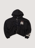 Enfants Riches Déprimés Narcotics Zip Up Sweatshirt Vintage Black Hoodie (Pre-Owned) cotton brushed back fleece, printed and sewn on patches, custom metal zipper, vintage wash and fade, small distressings, front view Enfants Riches Déprimés Narcotics Zip Up Sweatshirt Vintage Black (Pre-Owned) - Image 1 | Authenticated at Pieces Los Angeles