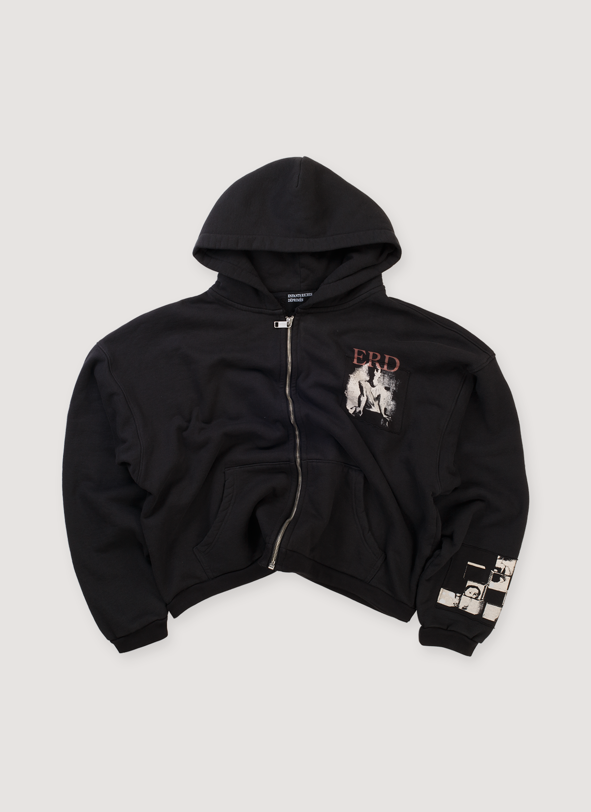 Enfants Riches Déprimés Narcotics Zip Up Sweatshirt Vintage Black Hoodie (Pre-Owned) cotton brushed back fleece, printed and sewn on patches, custom metal zipper, vintage wash and fade, small distressings, front view