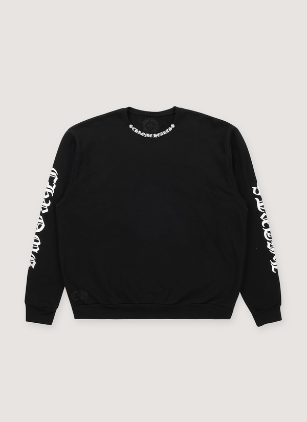 Chrome Hearts Neck Logo Crewneck Black with ribbed neck, collar and hem, printed white logos on collar and sleeves, front view Neck Logo Crewneck Black - Authenticated Sweaters | Pieces Los Angeles