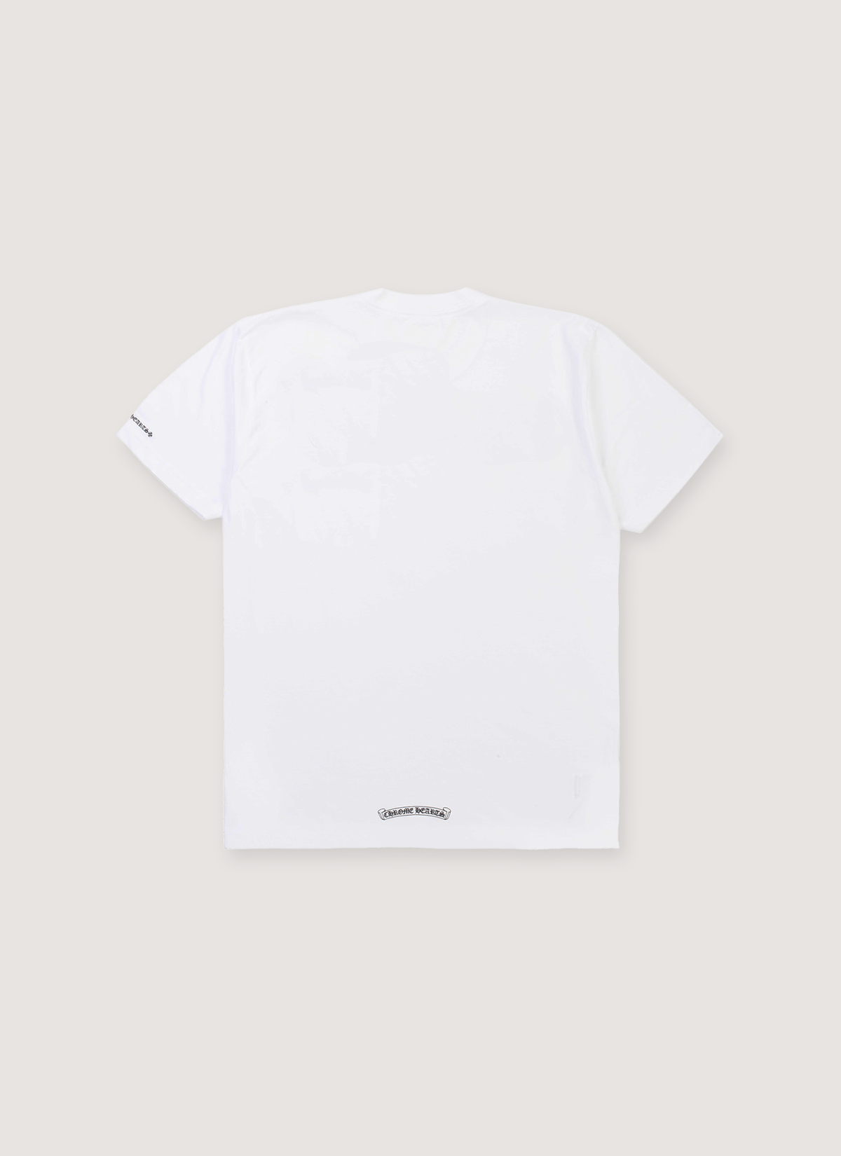 Chrome Hearts Neck Logo Tee White Black with text on bottom, back view Chrome Hearts Watch Cap CH Plus Beanie Wool Tonal Black - Image 2 | Authenticated at Pieces Los Angeles