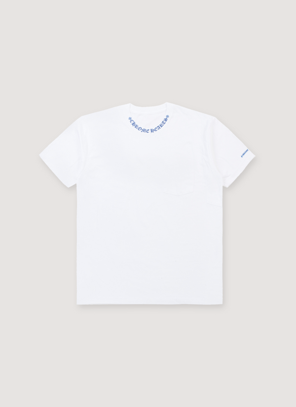 Chrome Hearts Neck Logo Tee Shirt White Blue with front chest pocket and screen printed logo along the neck, front view Neck Logo Tee White Blue - Authenticated T-shirts | Pieces Los Angeles