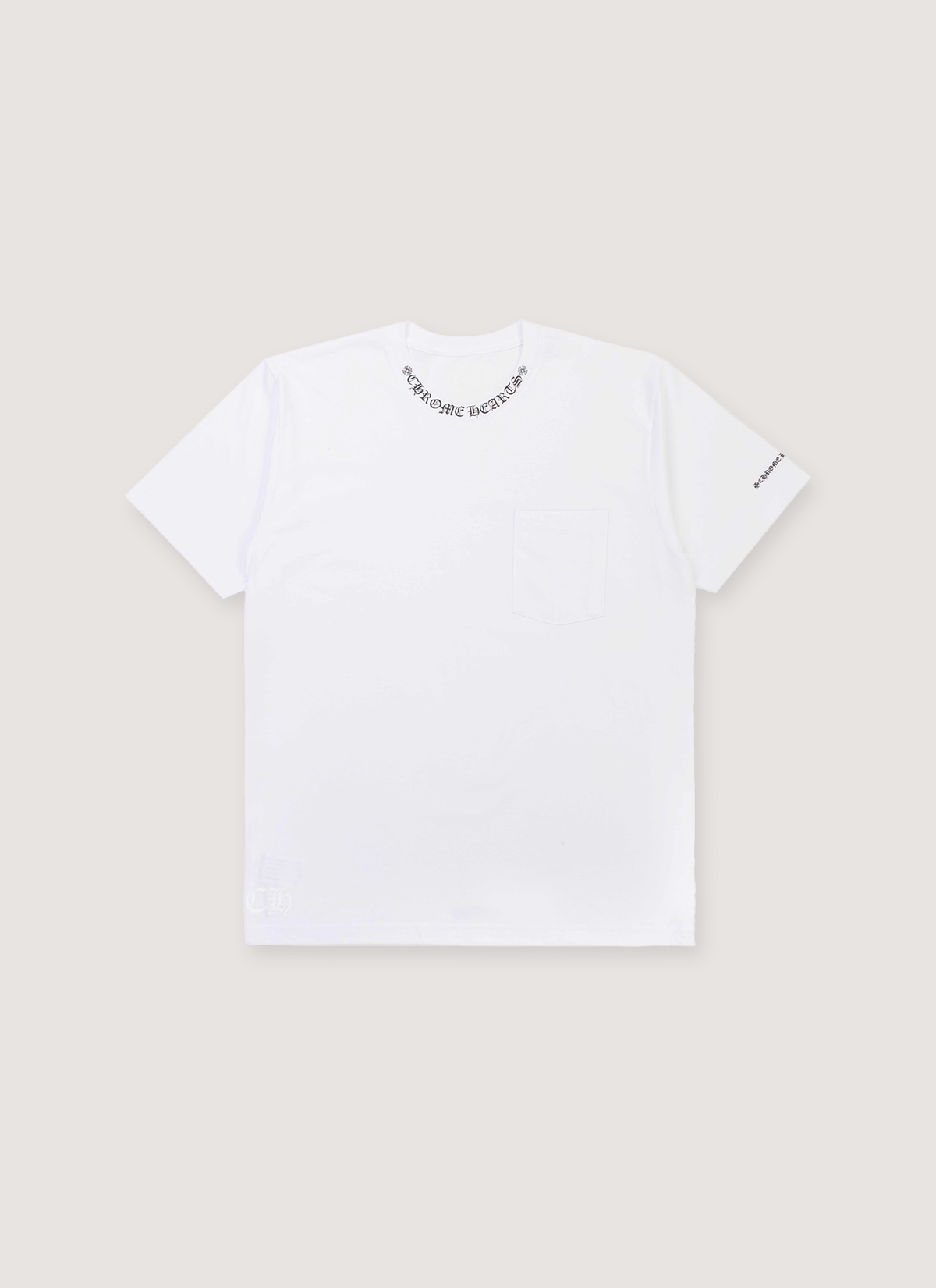 Chrome Hearts Neck Logo Tee White Black with text on neck, front view