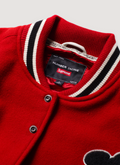 Supreme Number (N)ine Mickey Mouse Varsity Jacket Red close up view of collar and tag Supreme Number (N)ine Mickey Mouse Varsity Jacket Red - Image 7 | Authenticated at Pieces Los Angeles