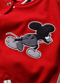 Supreme Number (N)ine Mickey Mouse Varsity Jacket Red close up view of Mickey Mouse on front  Supreme Number (N)ine Mickey Mouse Varsity Jacket Red - Image 3 | Authenticated at Pieces Los Angeles
