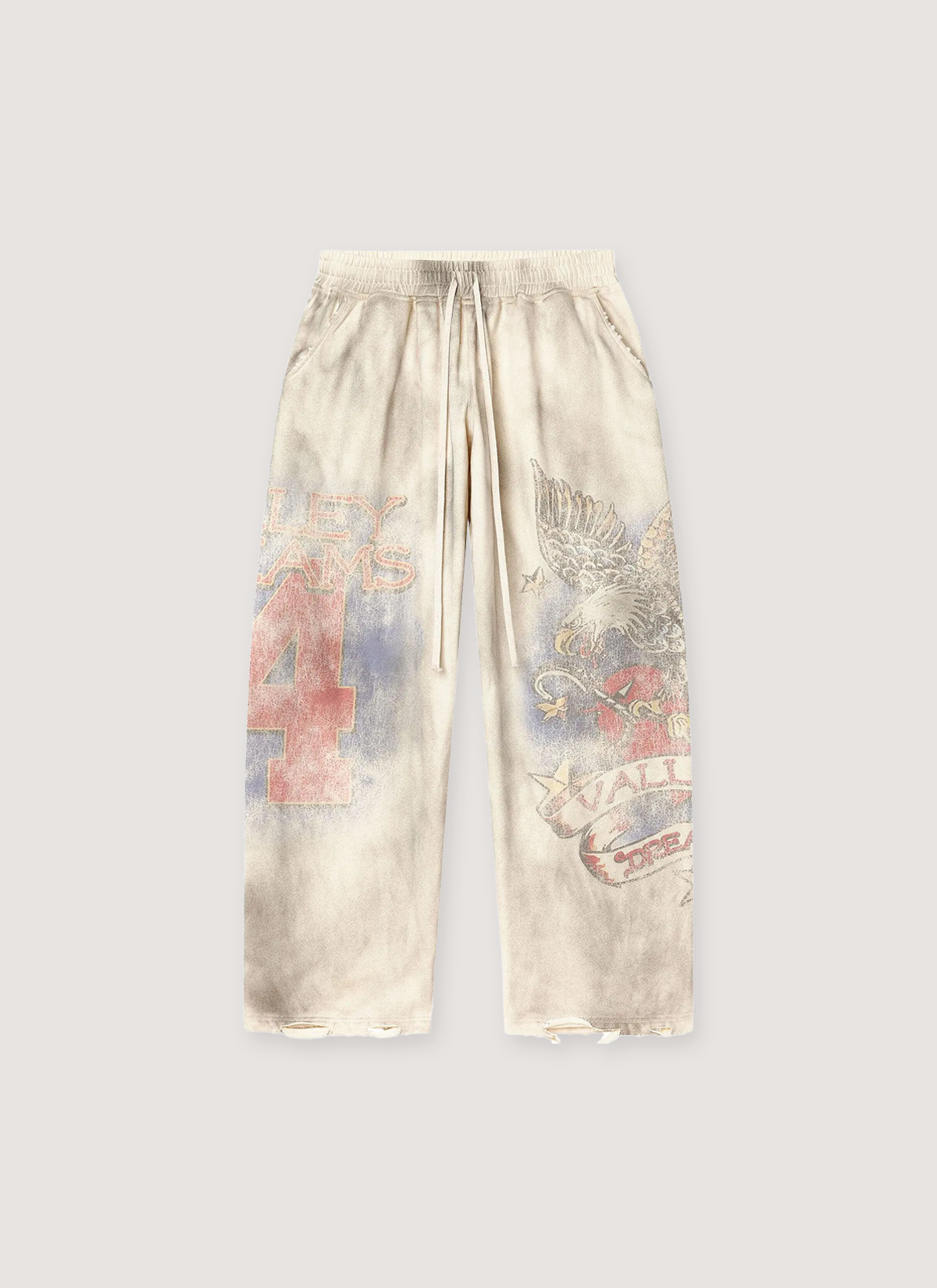 Vale Forever Nostalgia Sweatpants Dirty White cream, distressed dirty look, with faded graphics all over, front view