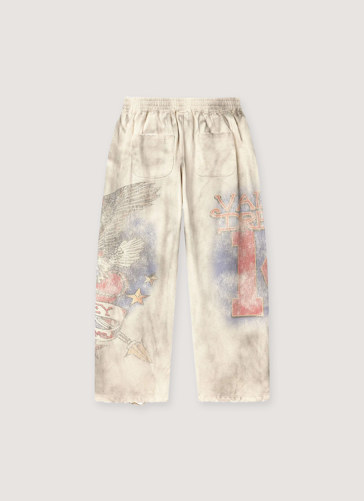 Vale Forever Nostalgia Sweatpants Dirty White cream, distressed dirty look, with faded graphics all over, back view