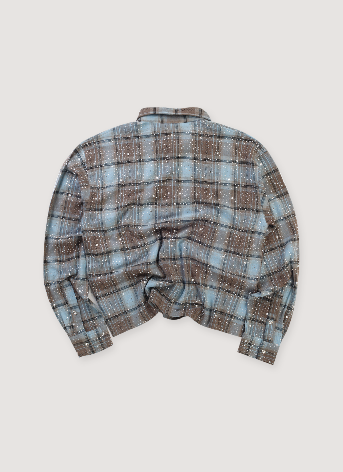 Vale Forever Ocean Flannel Blue Brown (Pre-Owned) longsleeve with rhinestones all over, back view Vale Forever Ocean Flannel Blue (Pre-Owned) - Image 2 | Authenticated at Pieces Los Angeles