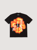 Denim Tears Offset Tee Shirt 1 Black with Orange and Yellow wreath graphic and white text, front view Denim Tears Offset Tee 1 Black - Image 1 | Authenticated at Pieces Los Angeles