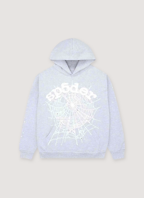 Sp5der Worldwide OG Web Sweatshirt Heather Grey hoodie with white spiderweb graphic, front view OG Web Sweatshirt Heather Grey - Authenticated  | Pieces Los Angeles