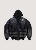 Pelle Pelle Opium K9 Bomber Jacket Black (Pre-Owned) Hoodie, leather sleeve and body piercing, filled nylon, satin lining with embroidered logo, interior pockets, Metal Opium and Double P badges, leather straps with adjustable velcro, custom Opium branded zipper pull, front view Pelle Pelle Opium K9 Bomber Jacket Black (Pre-Owned) - Image 1 | Authenticated at Pieces Los Angeles