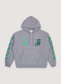 Off-White 23 Varsity Skate Sweatshirt Grey front side with green logos Off-White 23 Varsity Skate Sweatshirt Grey - Image 1 | Authenticated at Pieces Los Angeles