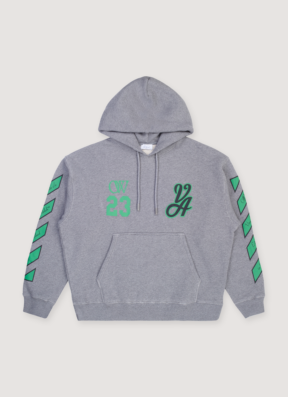Off-White 23 Varsity Skate Sweatshirt Grey front side with green logos Off-White 23 Varsity Skate Sweatshirt Grey - Image 1 | Authenticated at Pieces Los Angeles