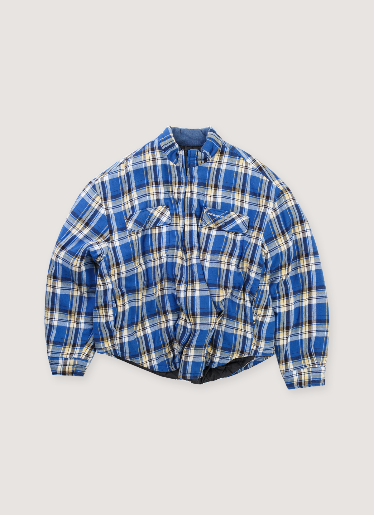 Project G/R Padded Check Jacket Blue (Pre-Owned) flanner outer with padded quilted inner, zip closure, front view