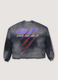 Hellstar Paradise City Panthers Crewneck Vintage Black heavyweight custom milled fleece, vintage wash, potassium sprayed, screen printed logos and purple text, with a red slash across, back view Hellstar Paradise City Panthers Crewneck Vintage Black - Image 2 | Authenticated at Pieces Los Angeles
