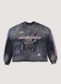 Hellstar Paradise City Panthers Crewneck Vintage Black heavyweight custom milled fleece, vintage wash, potassium sprayed, screen printed logos and purple text, front view Hellstar Paradise City Panthers Crewneck Vintage Black - Image 1 | Authenticated at Pieces Los Angeles