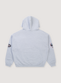 Ksubi Patched Ekcess Sweatshirt Grey Marle Hoodie with pagthces on sleeves, back view Ksubi Patched Ekcess Sweatshirt Grey Marle - Image 2 | Authenticated at Pieces Los Angeles
