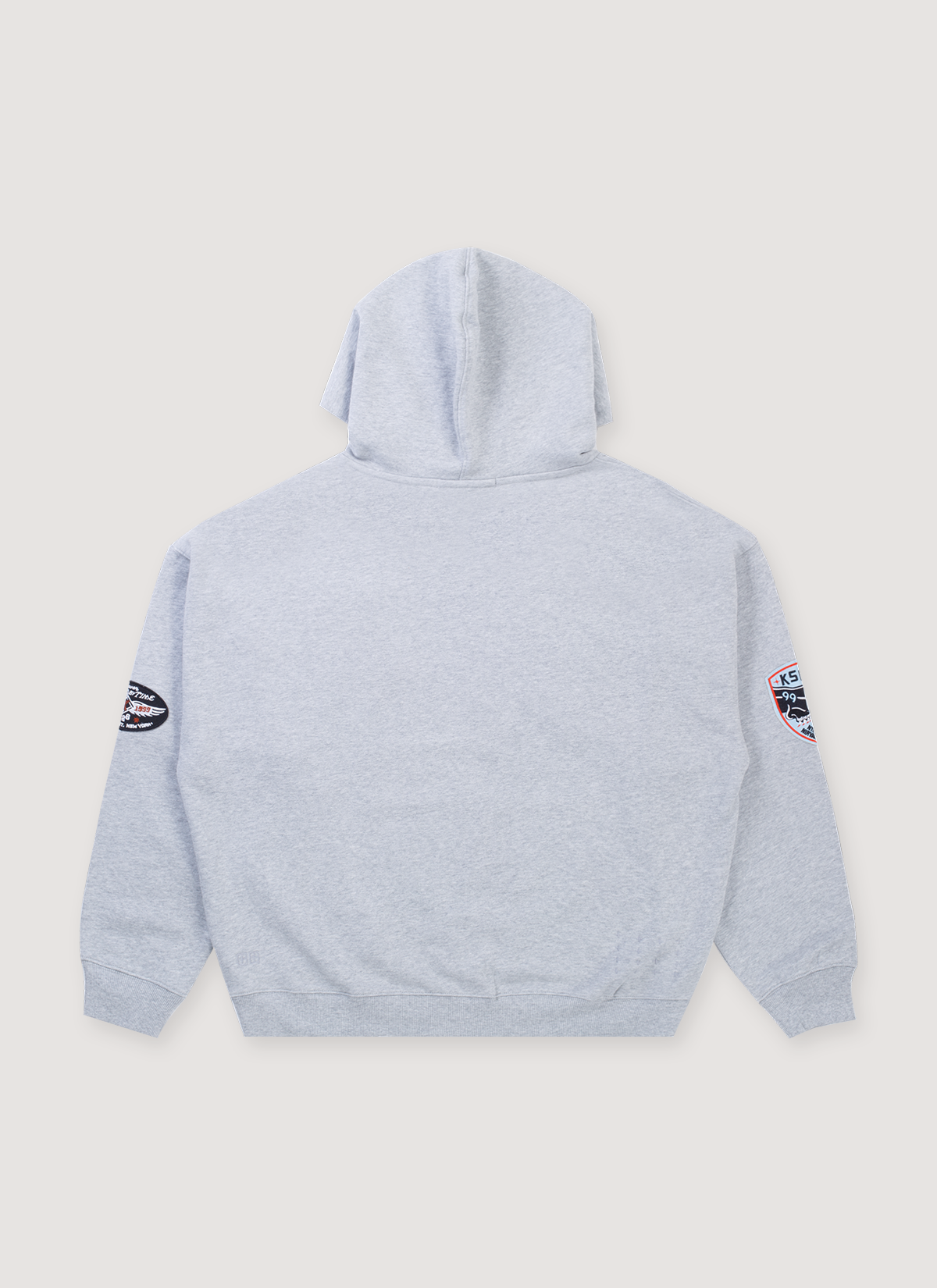 Ksubi Patched Ekcess Sweatshirt Grey Marle Hoodie with pagthces on sleeves, back view Ksubi Patched Ekcess Sweatshirt Grey Marle - Image 2 | Authenticated at Pieces Los Angeles