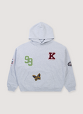 Ksubi Patched Ekcess Sweatshirt Grey Marle Hoodie with numbers, letters, and patch graphics all over, front view Ksubi Patched Ekcess Sweatshirt Grey Marle - Image 1 | Authenticated at Pieces Los Angeles