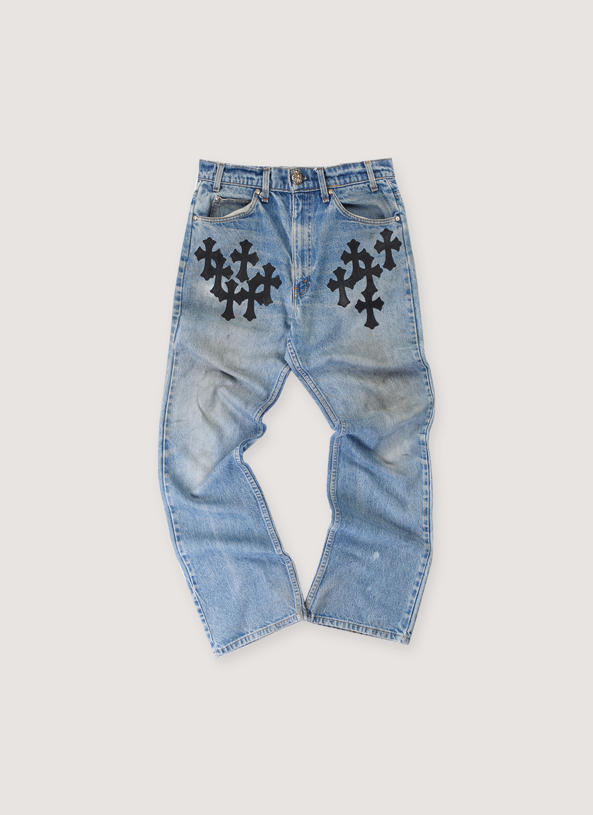 Chrome Hearts Levi's Orange Tab 517 Cross Patch Denim Indigo (Pre-Owned) with lambskin leather patches, .925 silver button, scroll and rivers, pebbled leather black label tag, black crosses paches, front view Chrome Hearts Levi's Orange Tab 517 Cross Patch Denim Indigo (Pre-Owned) - Image 1 | Authenticated at Pieces Los Angeles