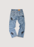 Chrome Hearts Levi's Orange Tab 517 Cross Patch Denim Indigo (Pre-Owned) with lambskin leather patches, .925 silver button, scroll and rivers, pebbled leather black label tag, black crosses paches, back view Chrome Hearts Levi's Orange Tab 517 Cross Patch Denim Indigo (Pre-Owned) - Image 2 | Authenticated at Pieces Los Angeles