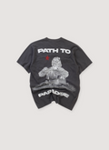 Hellstar Path to Paradise Tee Shirt Vintage Black (Pre-Owned) with distressed printed white graphic logo text and a graphic of an angel, back view Hellstar Path to Paradise Tee Vintage Black (Pre-Owned) - Image 2 | Authenticated at Pieces Los Angeles