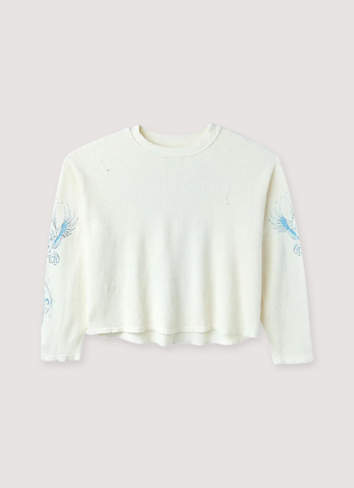 GV Gallery Pelican Thermal V2 Cream waffle thermal with ribbed neck, distressed hem and cuffs, printed logos, vintage wash and fade, boxy cropped fit, back view
