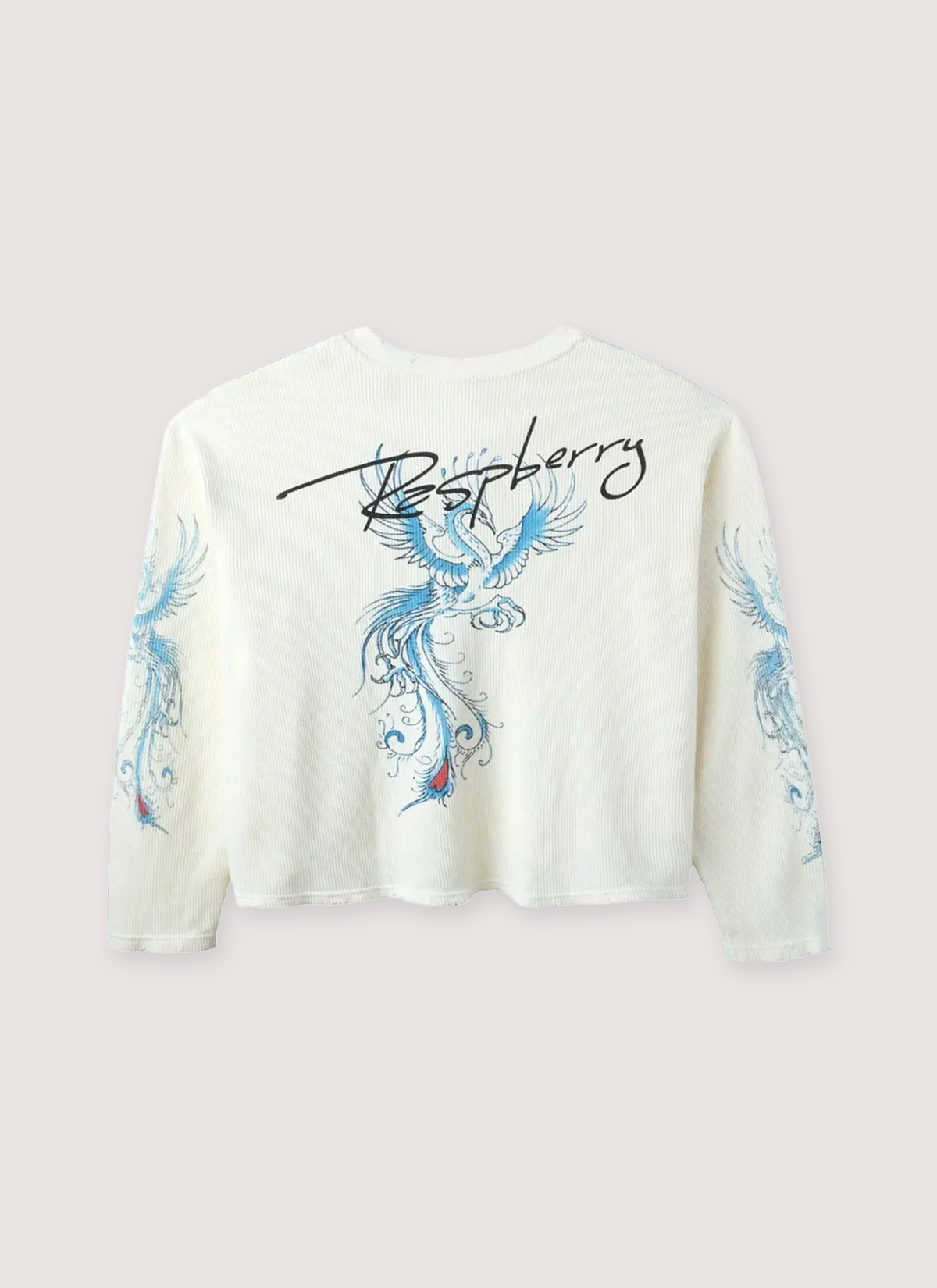 GV Gallery Pelican Thermal V2 Cream waffle thermal with ribbed neck, distressed hem and cuffs, printed logos, vintage wash and fade, boxy cropped fit, front view