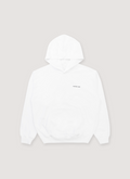 Helmut Lang Plastic Sweatshirt White Hoodie with white HL logo front, ribbed hem and cuff, front pocket, front view Helmut Lang Plastic Sweatshirt White - Image 1 | Authenticated at Pieces Los Angeles