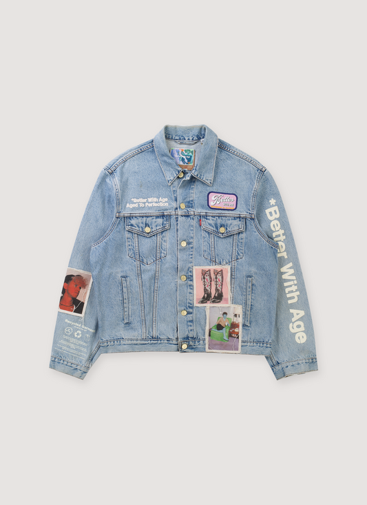 Better With Age Portrait Denim Jacket Indigo Blue with custom buttons, emroidered logos, puff print logo, and stitched patches, front view