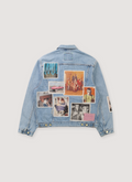 Better With Age Portrait Denim Jacket Indigo Blue with custom buttons, emroidered logos, puff print logo, and stitched patches, back view Better With Age Portrait Denim Jacket Indigo - Image 3 | Authenticated at Pieces Los Angeles