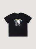 Pieces Post Card Tee shirt Black with faded white graphic of a city with yellow and light blue text over it, front view Pieces Post Card Tee Black - Image 1 | Authenticated at Pieces Los Angeles