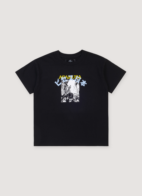 Pieces Post Card Tee shirt Black with faded white graphic of a city with yellow and light blue text over it, front view Post Card Tee Black - Authenticated T-shirts | Pieces Los Angeles