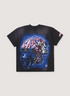 Hellstar Powered By The Star Tee Shirt Shirt Vintage Black Blue Pink with custom milled fleece, vintage wash, potassium sprayed, printed graphics of a Helmet, oversized fit, front view