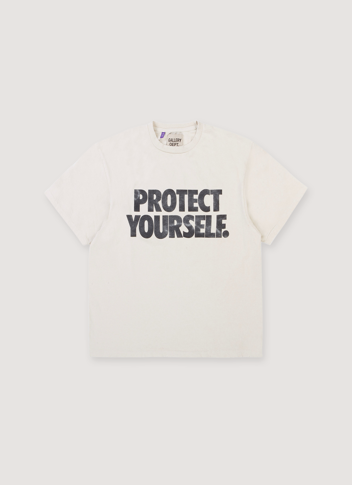 Gallery Dept. Protect Your Neck Tee Shirt Vintage White with faded black text, front view